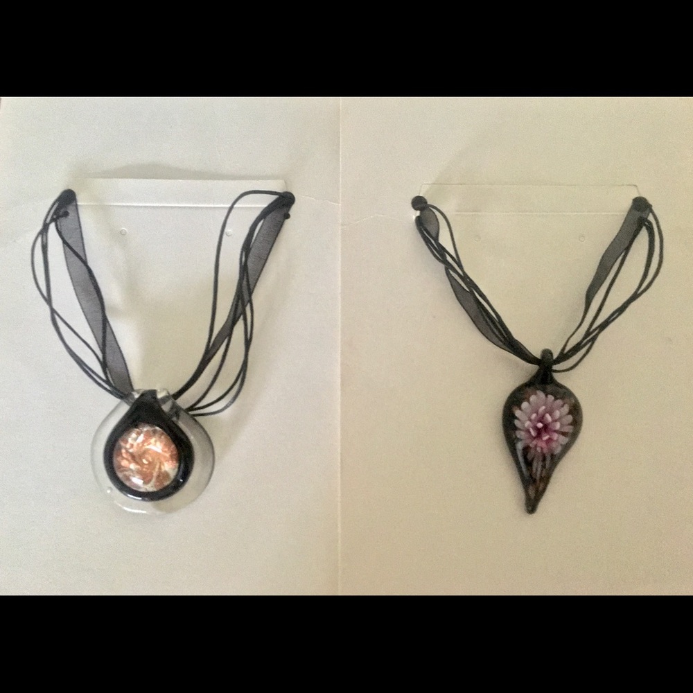 2 Pendant Necklaces w Black Chiffon Ribbon Chain